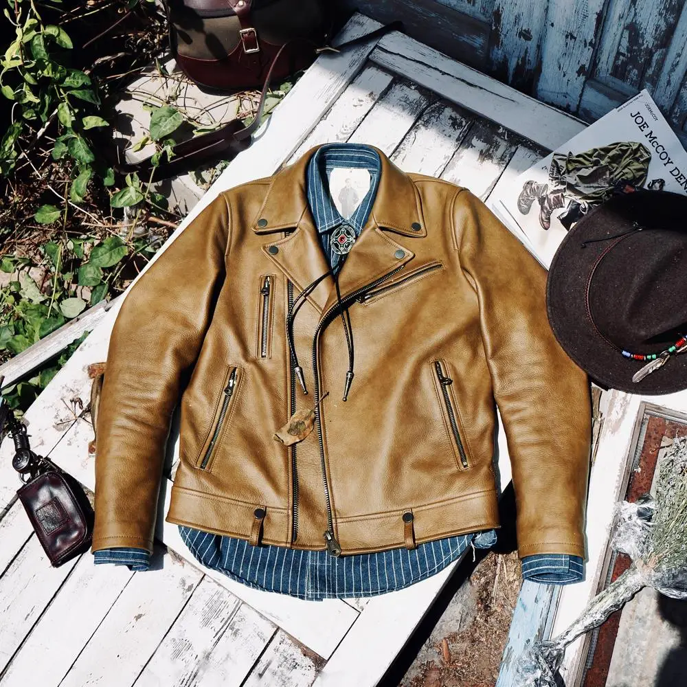 Top Layer Small Cowhide Lapel Pull-down Slim-Fit Motorcycle Jacket Men's Genuine Leather Clothes