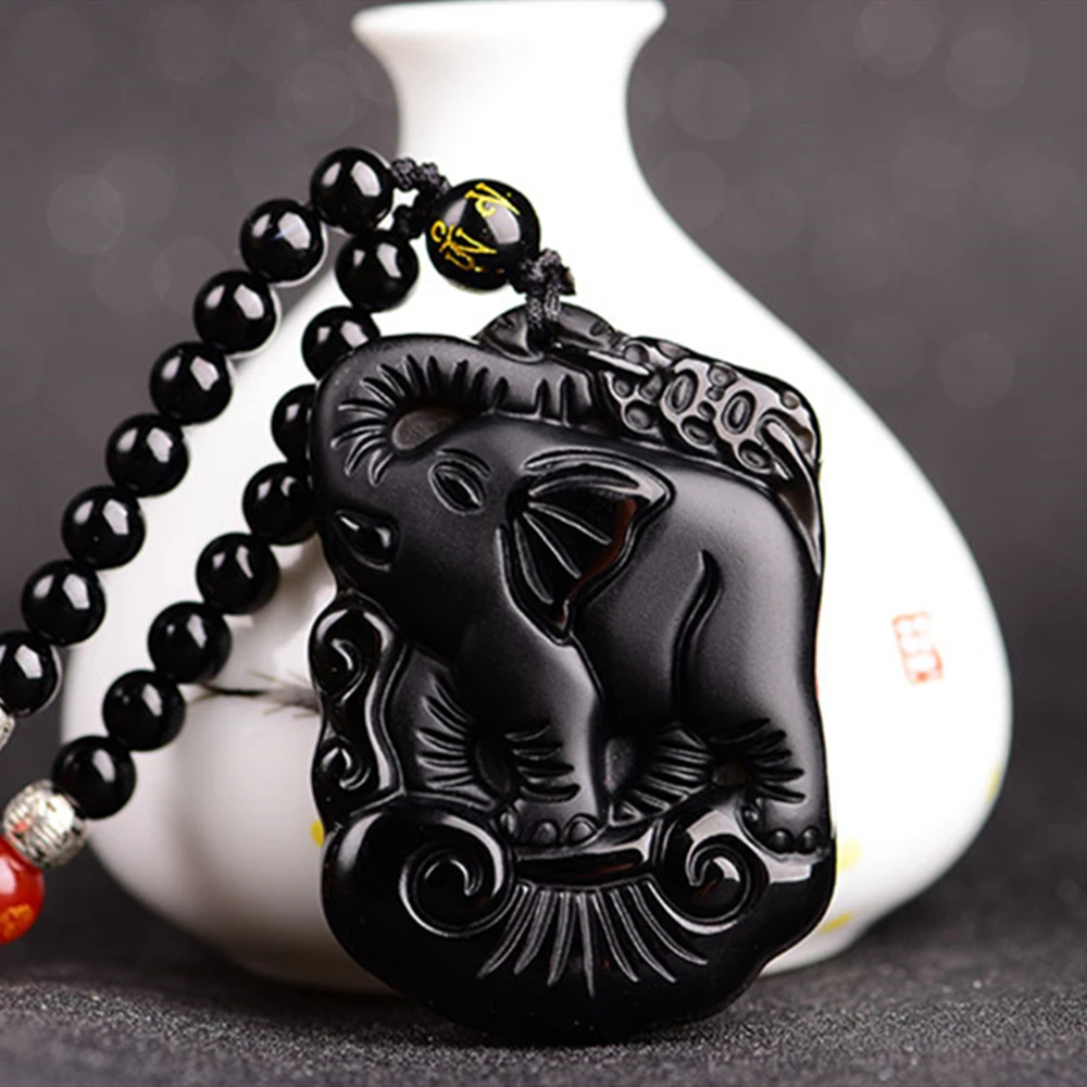 Handmade  Beads Chain Natural Black Obsidian Carved Mother Baby Cute Elephant Amulet Lucky Pendant Necklace