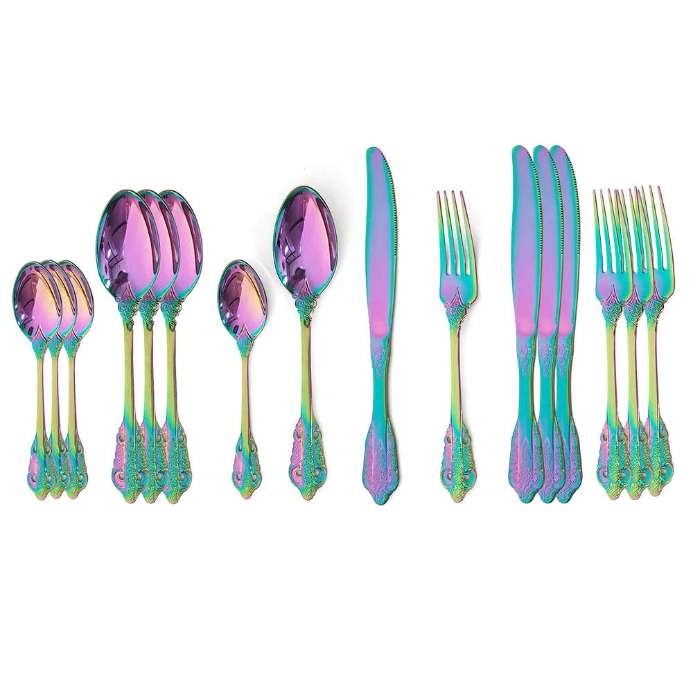 

16Pcs Rainbow Tableware Set 304 Stainless Steel Cutlery Set Luxury Vintage Flatware Set Western Dinnerware Set Knife Fork Spoon