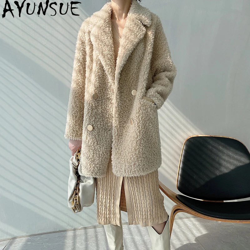 

AYUNSUE 100% Real Sheep Shearling Coat Women Winter 2021 Casual Fur Coats Female Korean Elegant Jackets Jaqueta Feminina Gxy202