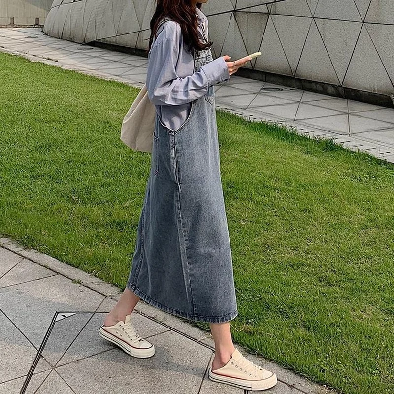 High Street Sleeveless Dress Women Chic Denim Multi Pockets Harajuku A-line Loose Waist Adjustable Strap French Retro Mid-calf