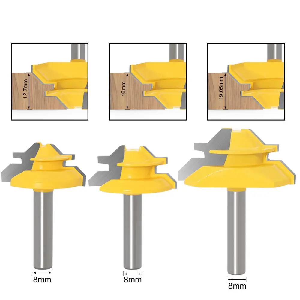 3Pcs 8มม.Bit Router Bit 45องศาล็อค Miter ตัดไม้เครื่องมือสำหรับไม้ Jointed Bits เครื่องมือ