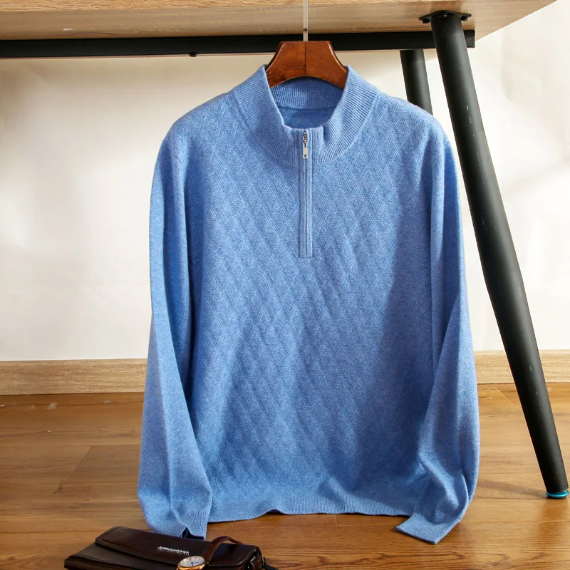 Pull tricoté à col avec fermeture éclair pour homme, pull à manches longues, couleur unie, 100% laine Pure, nouvel arrivage, 2020