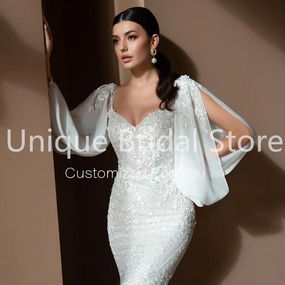 Ueteey Sexy Lace White Mermaid Trouwjurken Sweetheart Afneembare Puffy Mouwen Sweep Trein 2021 Elegante Bruiloft Gast Jurk