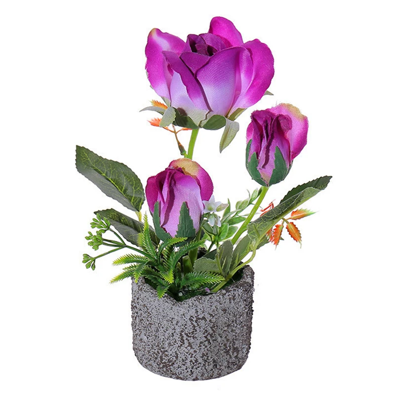 Artificial Flower Simulation Rose Bonsai Cement Flower Pot Home Table Garden Decor Simulation Green Leave Plant Potted Flowers