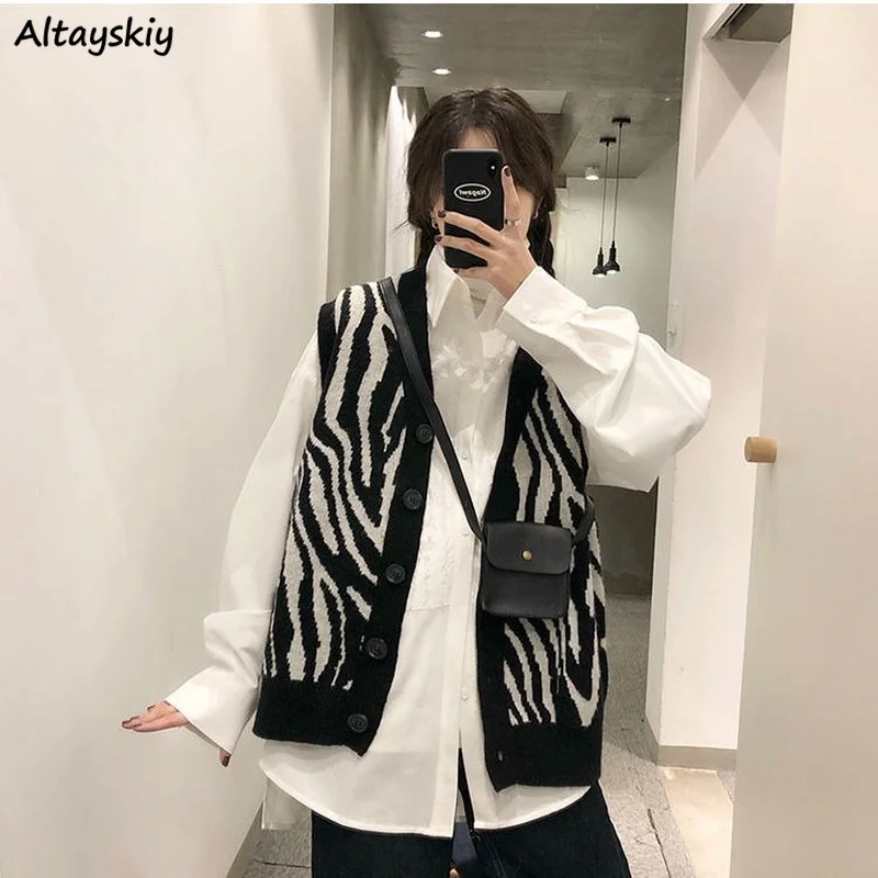 Cardigan Women Loose Korean Style Vintage Zebra Striped Sleeveless Knitted V-neck Casual Sweater All-match Streetwear Gothic