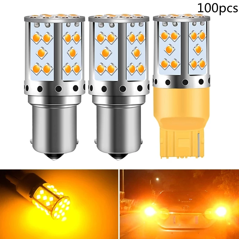 10pcs T20 P21W 1156 BA15S PY21W BAU15S LED No Hyper Flash Bulb 7440 Car Turn Signal Light White/Amber 35SMD 3030 Canbus No error