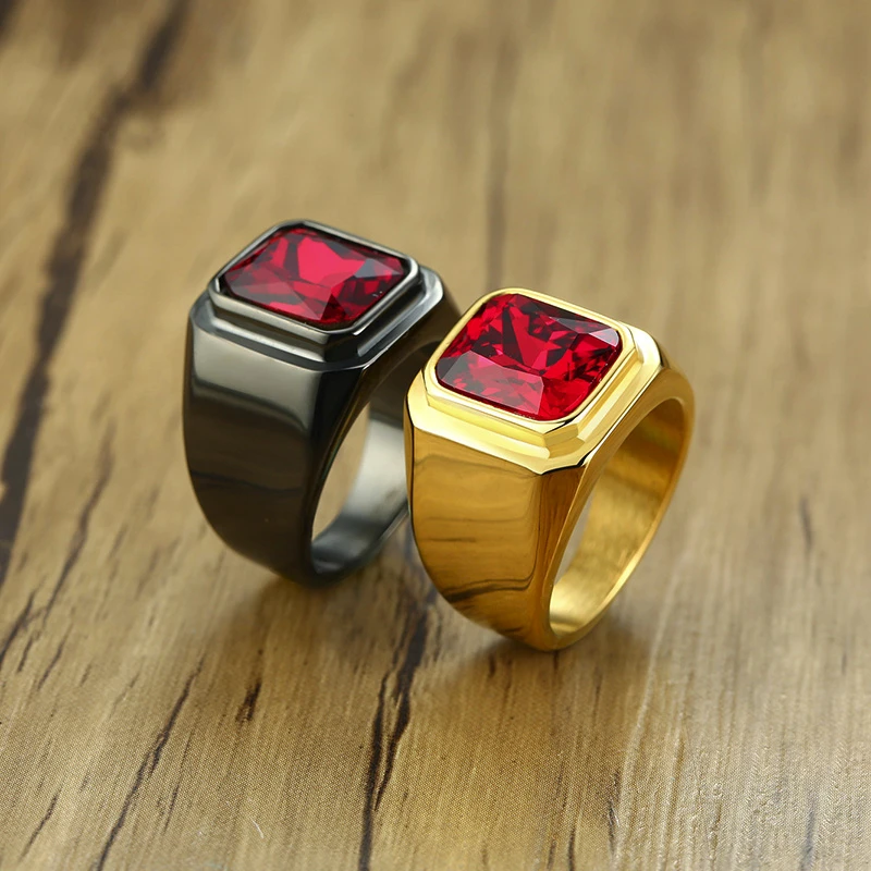 Vnox Casual Men Ring Red CZ Stone Square Top Stainless Steel Gold Color Daily Male Alliance Jewelry Size