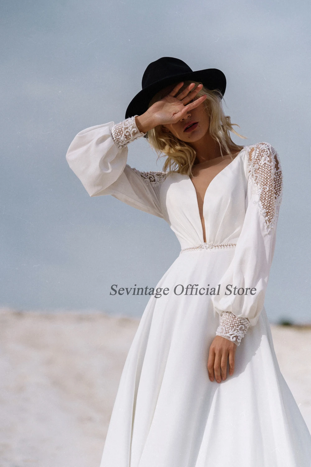 Sevintage mancha vestidos de casamento simples com decote em v mangas completas vestidos de noiva branco a linha rendas apliques sem costas vestido de casamento