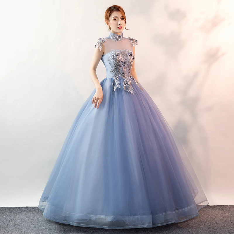 light blue stand collar floral embroidery ball gown dress Renaissance Gown queen dress Victorian/Marie Antoinette Belle