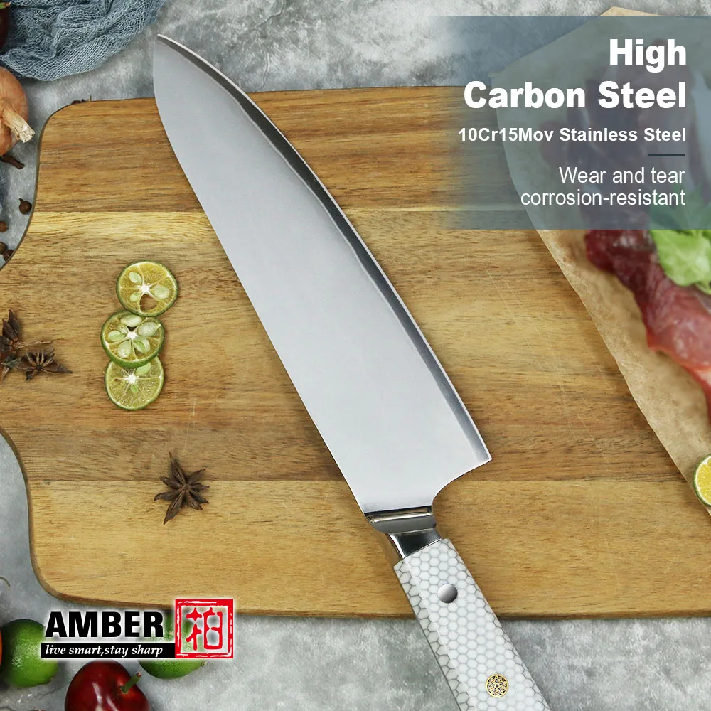 Amber Kitchen Knives 10Cr15Mov 3 Layers Cladding Steel Chef Knife White Honey Comb Resin Handle Meat Cleaver Cooking Tools