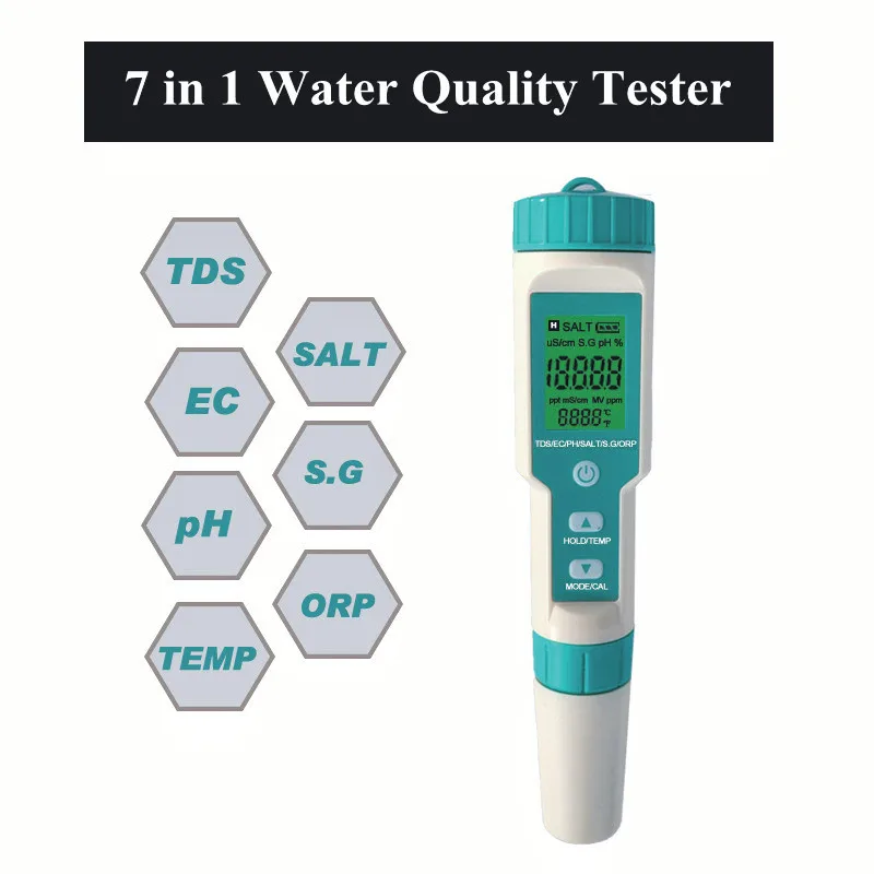 7 in 1 Water Quality Tester PH/TDS/EC/ORP/Salinity /S. G/ Temperature Meter Multifunctional Portable PH Meter