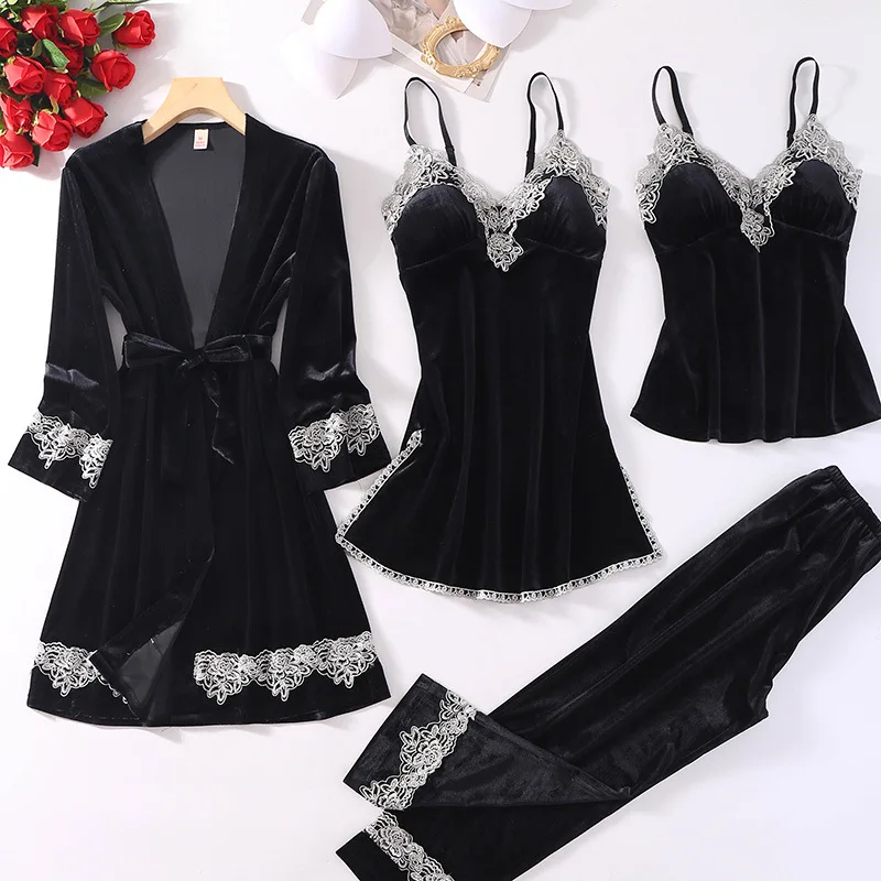 Women Velvet 4 Pieces Pajamas Sets Sling Sexy Lace Velour Sleepwear Winter Autumn Pyjama With Chest Pad Wine Red Robe