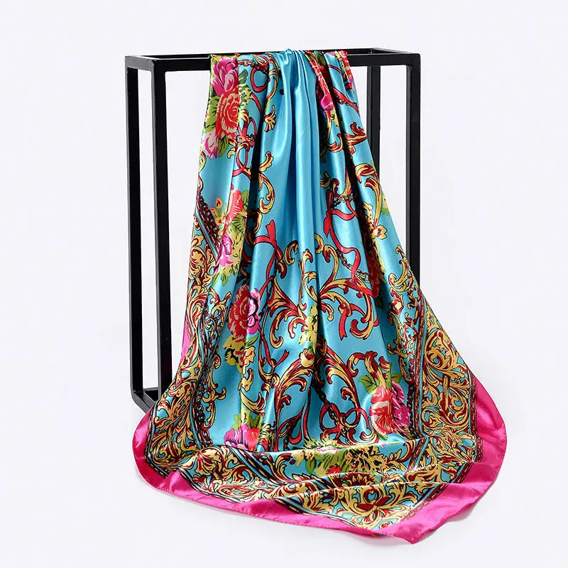 90*90cm Silk Spring Summer Lady Print Big Square Scarf Sunscreen Shawls Women Fashion Small Hair Neck Beach Hijab Bandanna