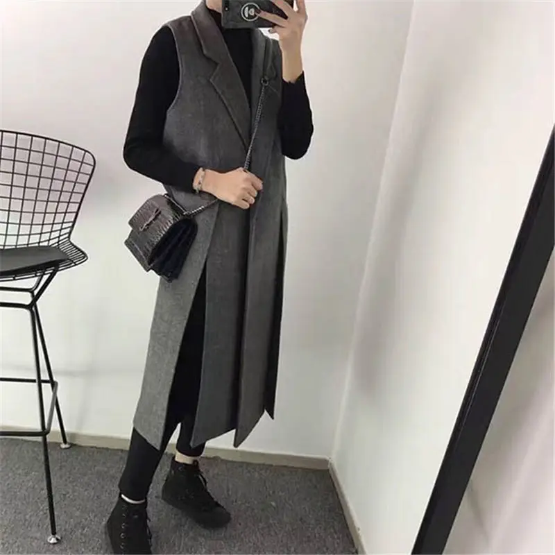 Imagem -03 - Colete Coreano de lã Feminino Fino Casual Dividido Longo sem Mangas Colete Tamanho Grande Roupas Outono Inverno Novo F1514