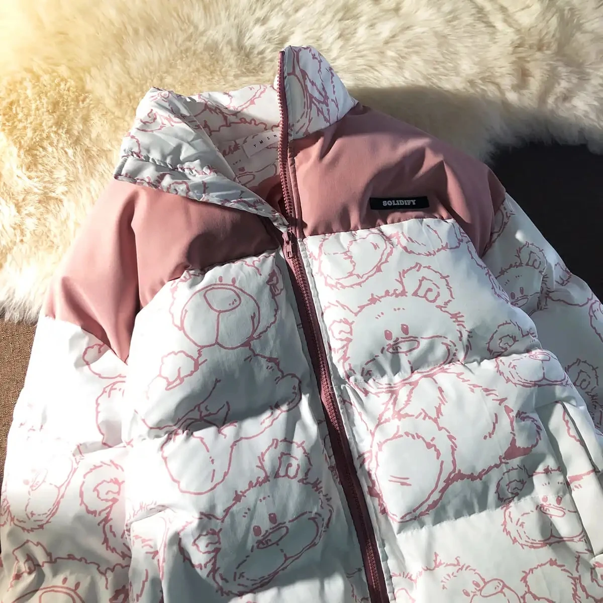 Loose Pink Cartoons Bear Zipper Jacket Women Korean Harajuku Winter Warm Parka Thicken Long Sleeve Stand Collar Outerwear Female