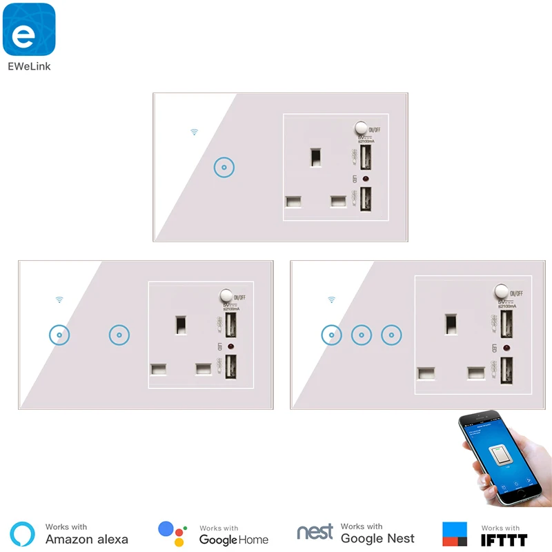 

Smart Wall Socket Switch UK Plug with USB Charger 220V WiFi Wireless Control Compatible with Alexa Google Home IFTTT