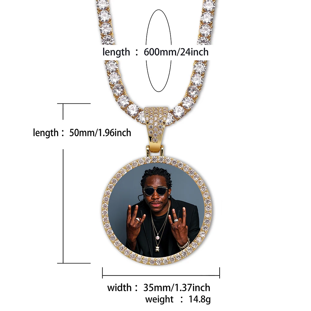 GUCY Fashion Custom Made Photo Roundness Solid Back Pendant & Necklace With Tennis Chain Cubic Zircon Men\'s Hip Hop Jewelry