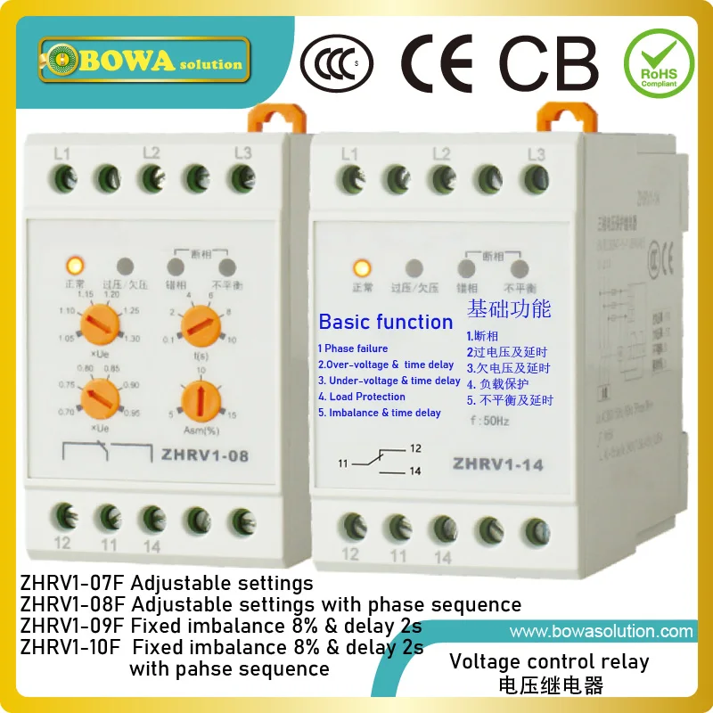 

Voltage control relay with load protection has adjustable settings, including overvoltage, undervoltage, imbalance & time delay