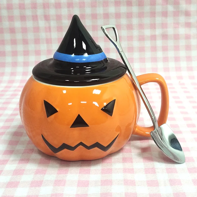 Halloween Ceramic Mug Pumpkin Imp Shaped Coffee Cup Breakfast With Lid Cup Spoon Cartoon Cup Holiday Gift Cup