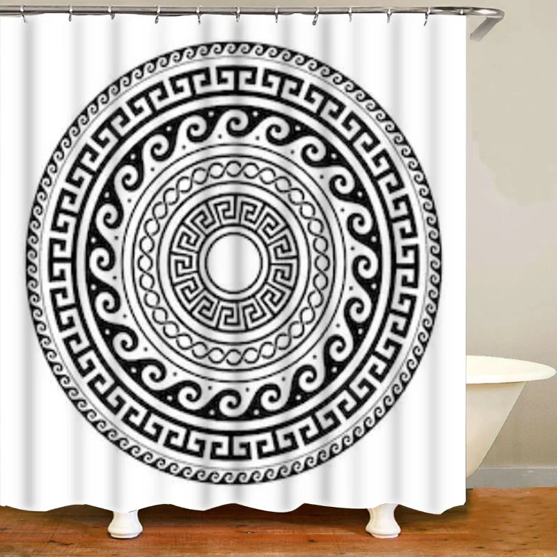 Ancient Greek Keys Round Mandala Shower Curtain Classic Antique Meander Art Bathroom Curtains with Bath Rugs Set Geomtric Decor