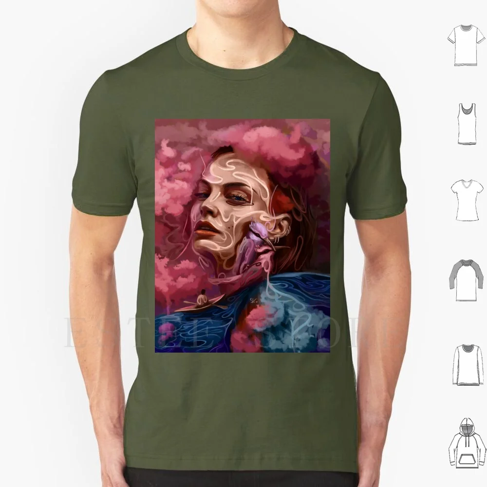 Dream T Shirt Print Cotton Water Clouds Womens Birds Surrealism Dream Colorfull Face Woman Face Imaginary Love