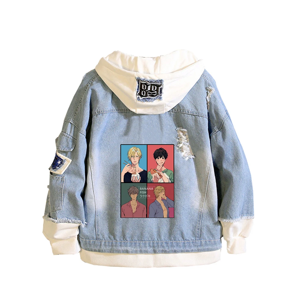 Banana Fish Painting Jeans Jacket  Ash Lynx Anime Denim Hoodies Harajuku Streetwear Long Sleeve Women Sweatshirt  Couple Costs view 6