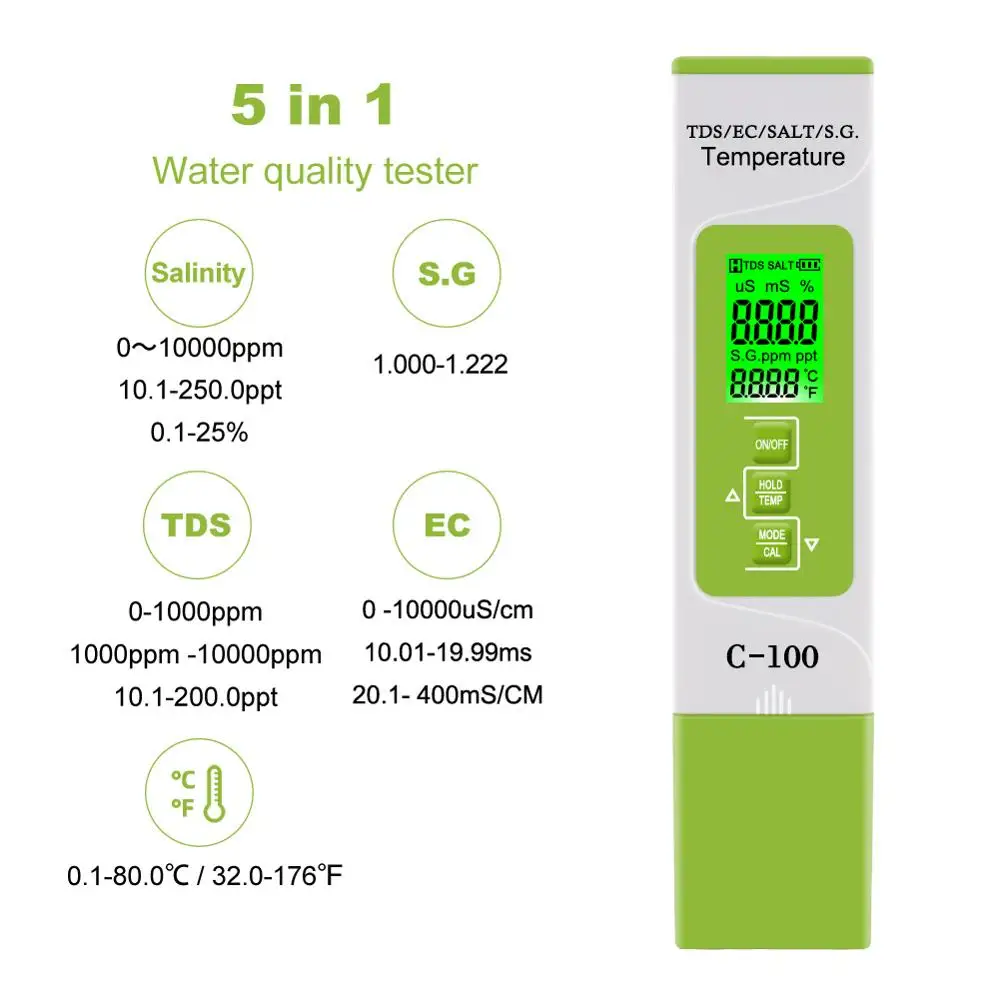 Yieryi PH/TDS/EC/Garam/S.G. Meter Digital Air Quality Monitor Tester untuk Kolam Renang, Air Minum, Akuarium
