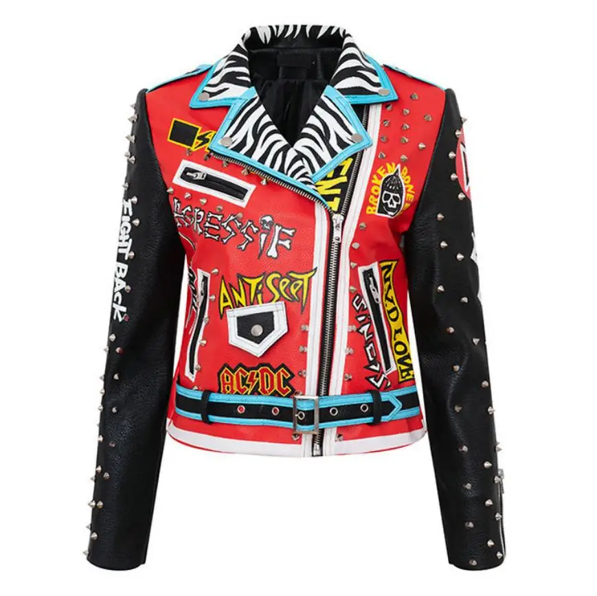 Spring New Street Fashion Short Jacket Women Punk Style Slim Motorcycle PU Leather Jacket Female Lapel Rivet Graffiti Outerwear