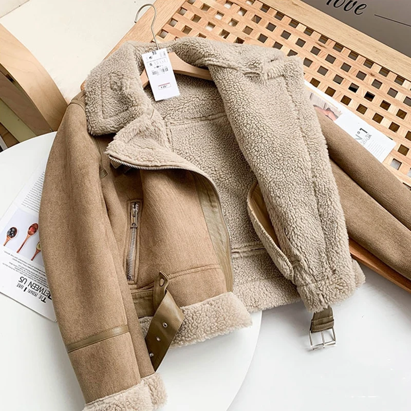 FMFSSOM Winter Vintage Suede Lamb Jacket Women gruby ciepły Moto Bike czarna kurtka damska, ze wstęgą Faux Leather znosić z paskiem