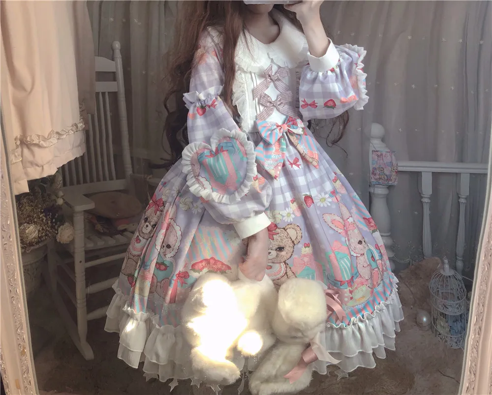 Kawaii สาว Gothic Lolita Op Loli COS เจ้าหญิง Tea Party Sweet Lolita VINTAGE ลูกไม้ bowknot น่ารักพิมพ์ชุดวิคตอเรีย