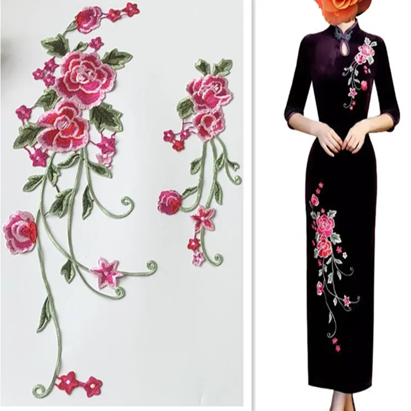 1Set Long Rose Peony Flower Patch Chinese Style Embroidery Patches Clothing Applique Sew DIY Embroidered Stickers for Clothes