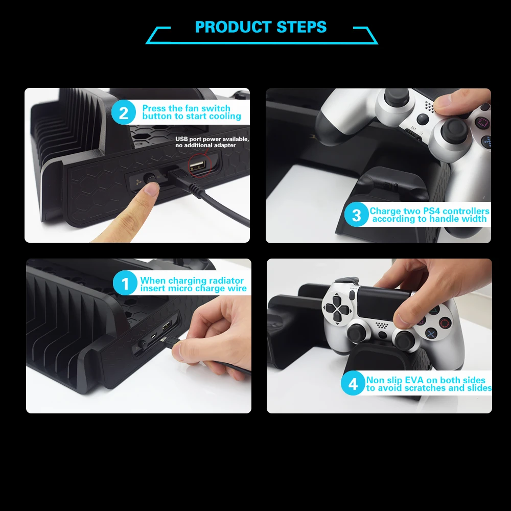 Soporte de ventilador de refrigeración Vertical DATA FROG para consola PS4/PS4 Slim/PS4 PRO, controlador Dual, estación de carga LED para SONY Playstation 4