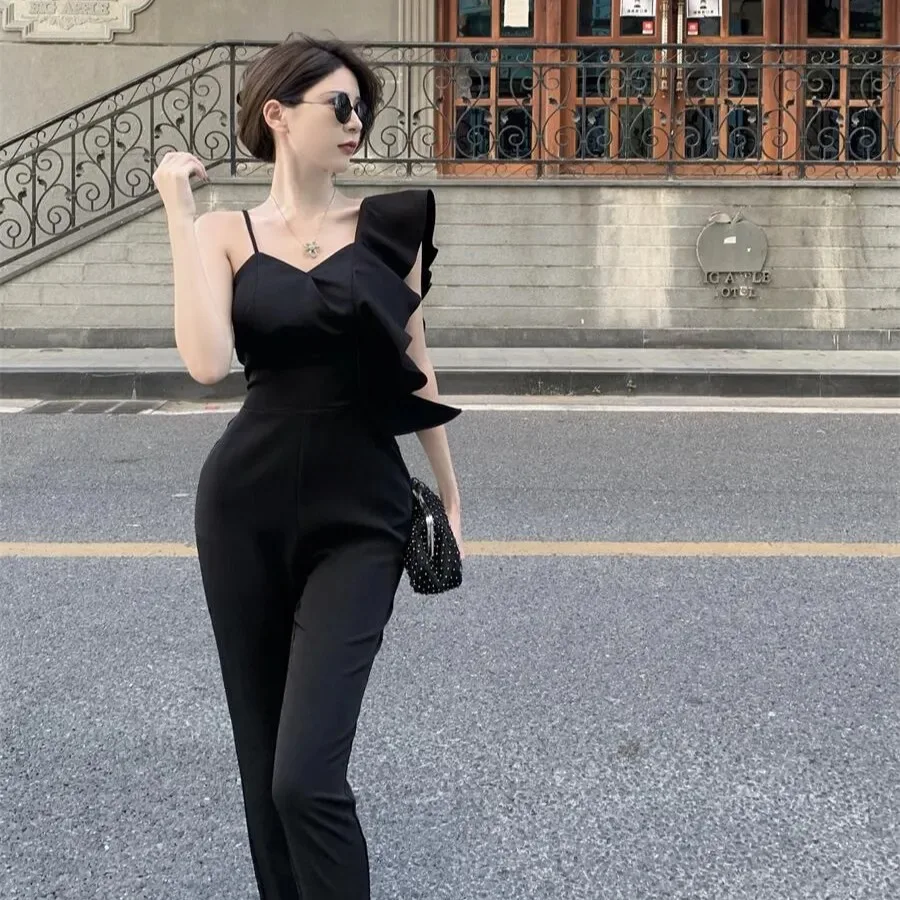 Thanh Lịch Spaghetti Dây Đeo Vai Jumpsuit Nữ Mùa Hè Lông Xù Cao Cấp Rompers Nữ Công Sở Slim Tính Khí Jumpsuit Đảng Mới