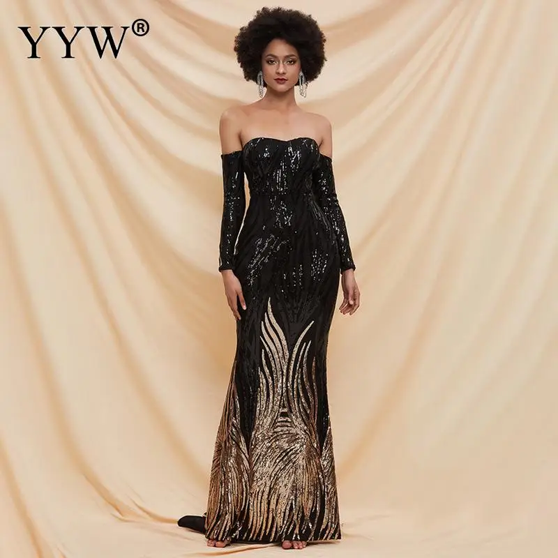 New Off The Shoulder Court Sequins Evening Dresses Geometric Sequined Sweetheart Long Sleeve Floor Length Cocktail Dresses Black