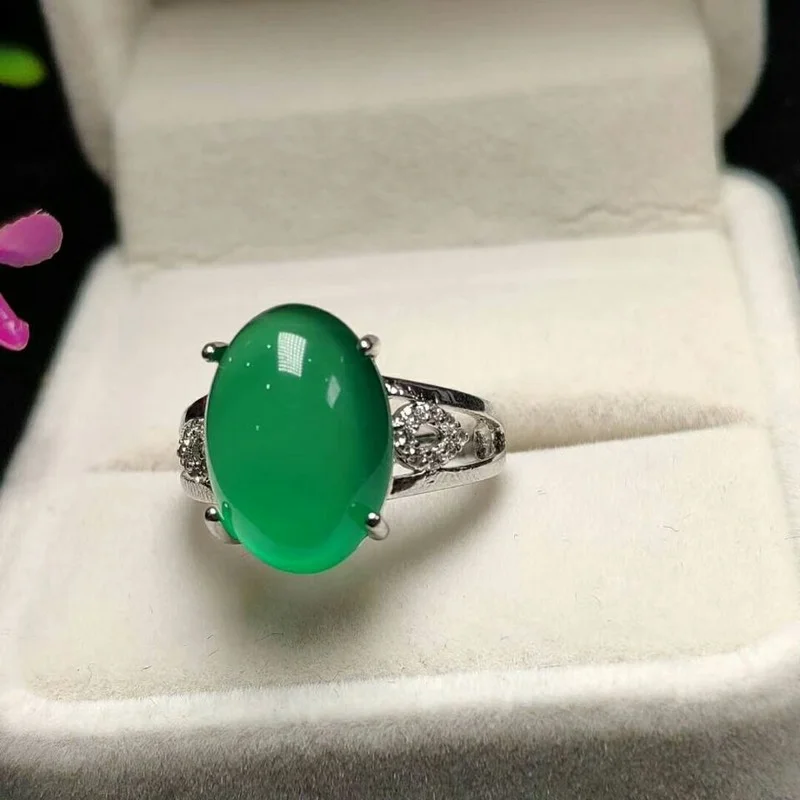 

Natural Green Chalcedony Hand-carved Water Drop Ring Fashion Jewelry Women 925 Silver Inlaid Agate Ring Opening Adjustable