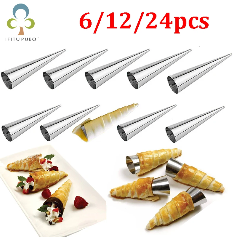 6/12/24pcs Baking Cones Stainless Steel Spiral Croissant Tubes Horn bread Pastry making Cake Mold Cookie Dessert Baking Tool