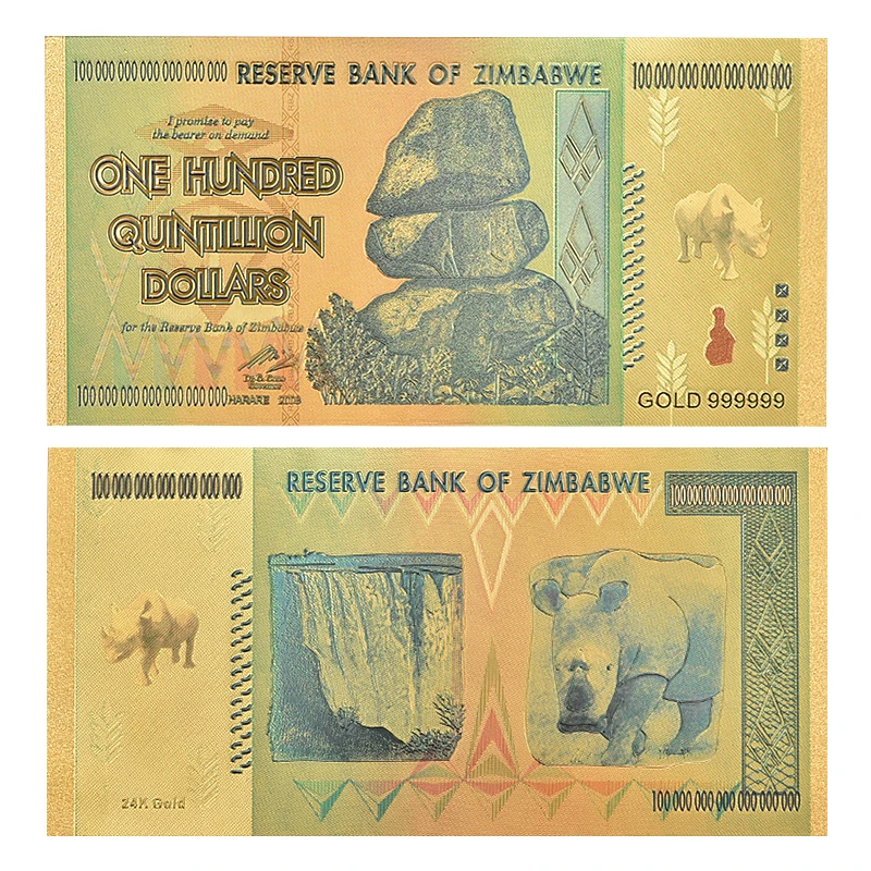 Zimbabwe $Z100 Trillion/100 Quintrillion/5 Octillion/100 Decillion Dollar Gold Foil Banknote Replica Paper Money Business Gift