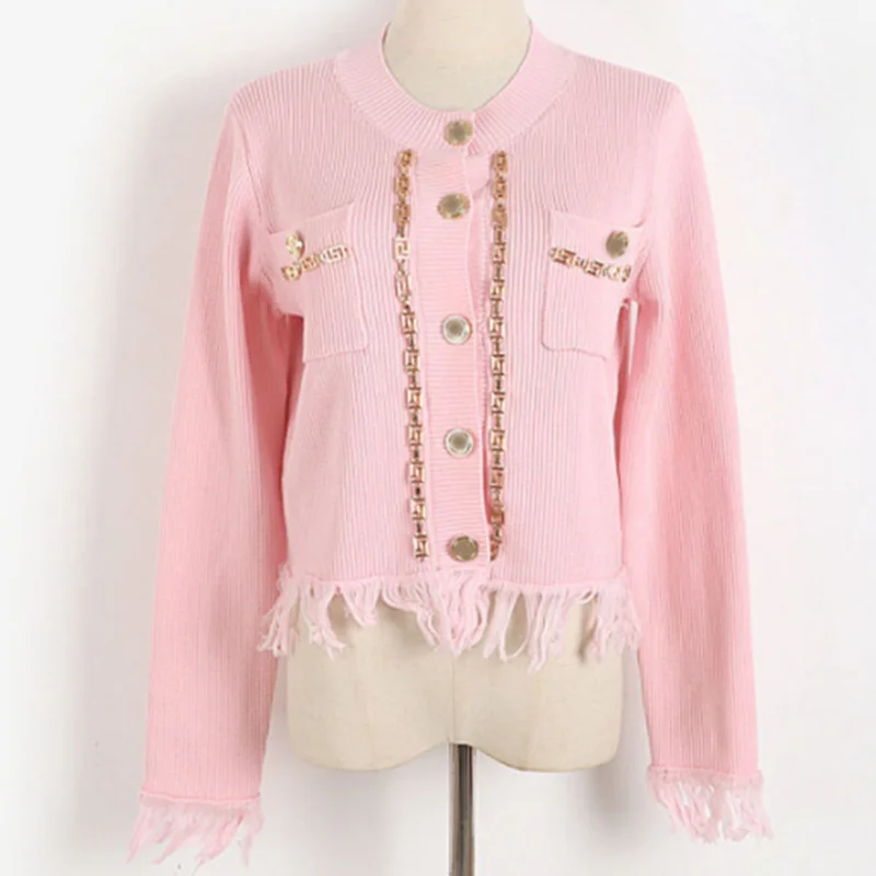 

Button fringed cardigan women spring metal chain round neck cropped top knitted sweater