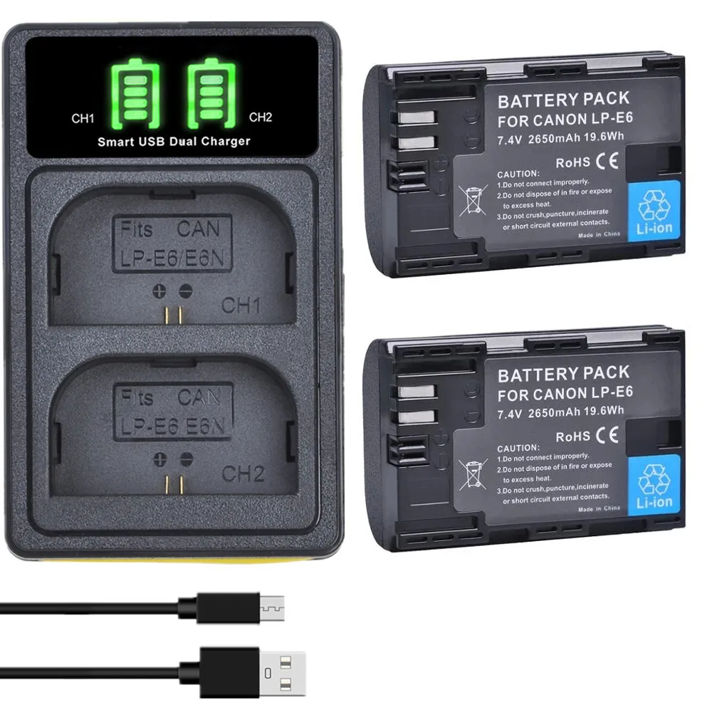 2650mAh LP E6 LPE6 LP-E6 E6N Li-ion Battery + LED Dual Charger For Canon EOS 5DS R 5D Mark II 5D Mark III 6D 7D 70D 80D Camera