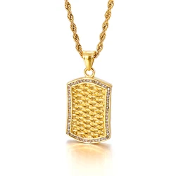 Men's Rectangle Necklace Tag Pendant Golden Steel Color Charm Zircon Stainless Steel Jewelry Party Accessories