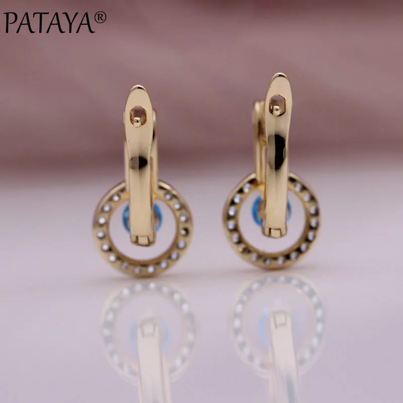 PATAYA New Sea Blue Round Natural Zircon Dangle Earrings Women Hollow Unique Earring 585 Rose Gold Color Fine Fashion Jewelry