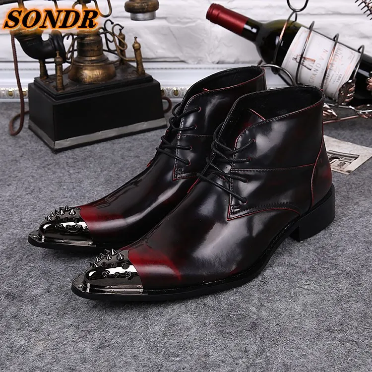 

Men winter Boots Genuine cow leather chelsea boots brogue casual ankle flat shoes Comfortable quality lace up dress boots Rivets