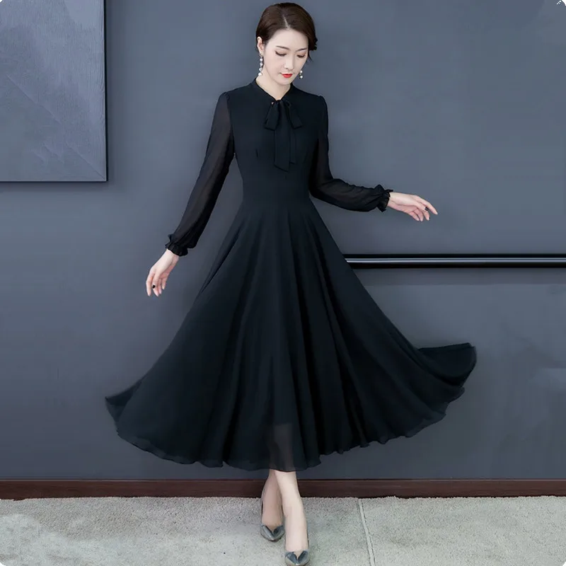 UHYTGF Fashion Chiffon Spring Dress Women Big Swing Temperament Female Long Dress Red Black Ladies Elegant Big Size Dresses 1422