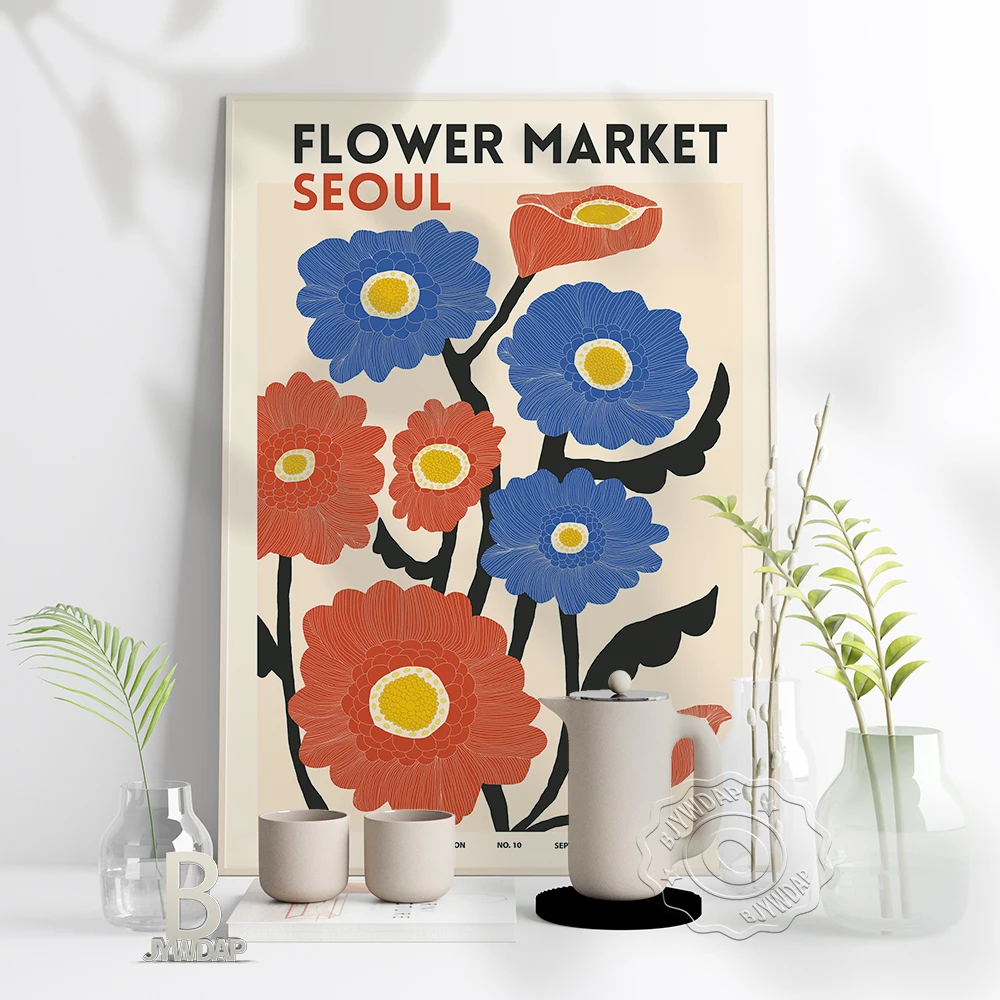 Nordic Flower Market Exhibition Poster Red Blue Flowers Watercolour Print Poster Vintage Plant Wall Art Home Kids Room Decor