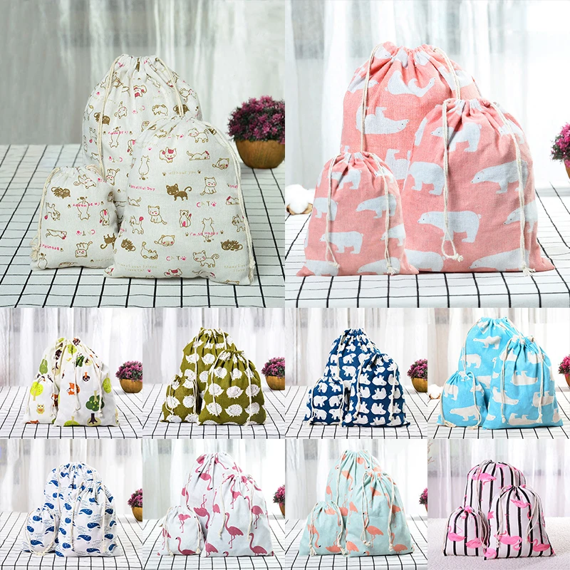 Cat Cactus Flamingo Pattern Drawstring Cotton Linen Storage Bag Sunglass Jewelry Organizer Makeup Cosmetic Coins keys Bags 49042