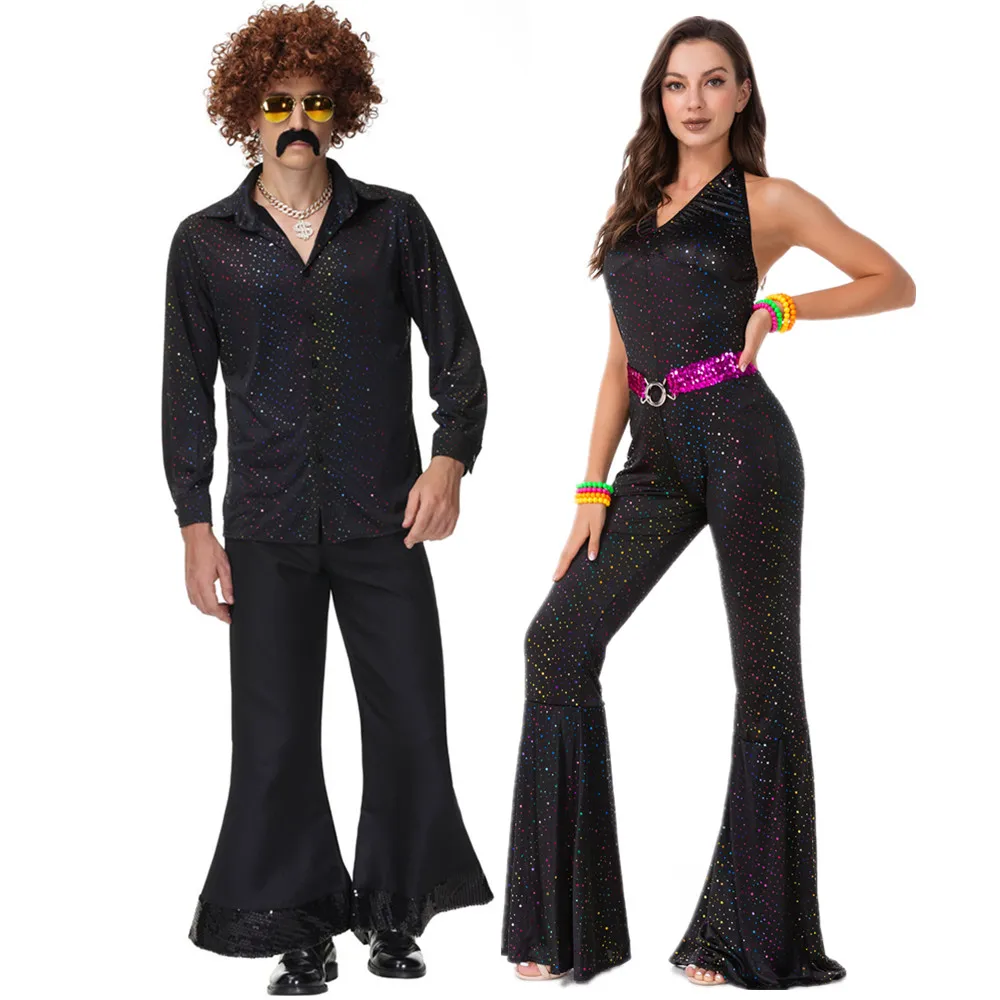 Vintage 70S 80S Volwassen Mannen Vrouwen Muziek Festival Retro Disco Kleding Halloween Cosplay Party Hippie Paar Kostuum Fancy jurk