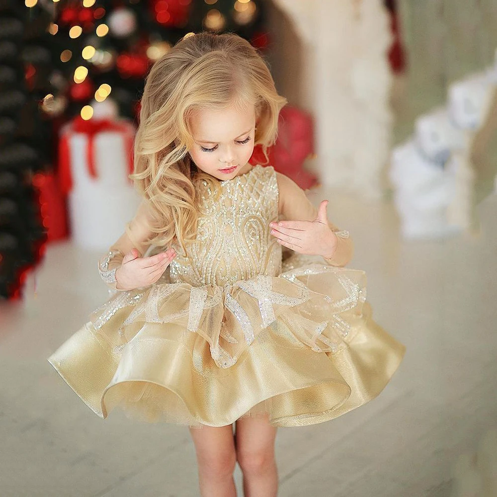 Vestidos de tutú champán para niña, mangas largas, lentejuelas, Puff, vestidos de fiesta de desfile, vestido de flores brillante para niño pequeño