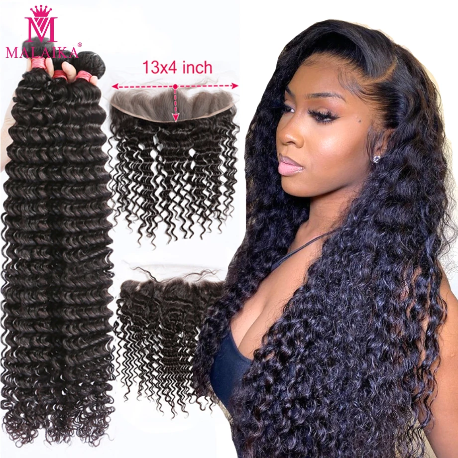 Malaika Hair 30 32 34 36 38 40 Inch Deep Wave Bundles With Frontal Brazilian Hair Deep Wave Human hair wig 100% Remy Hair Weave