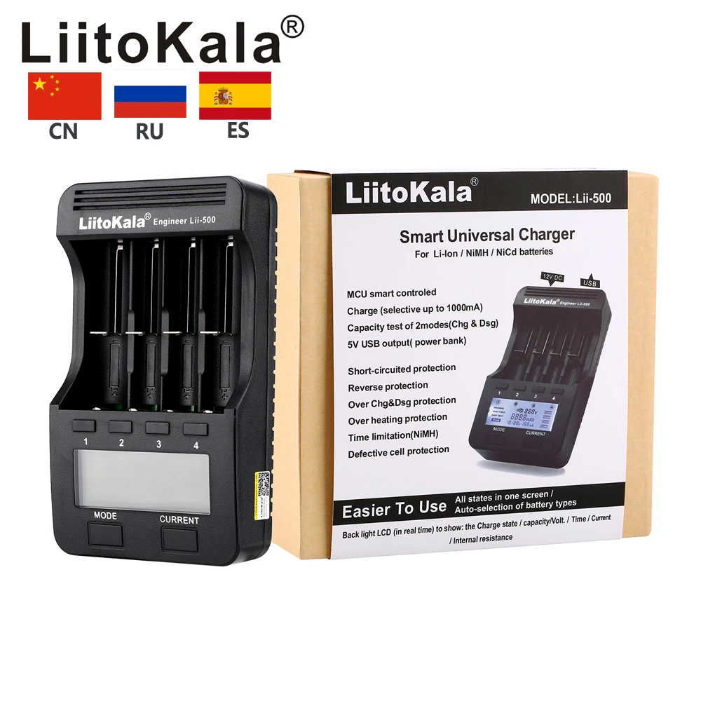 Liitokala lii-500 LCD 3.7 فولت/1.2 فولت AA/AAA 18650/26650/16340/14500/10440/18500 شاحن بطارية مع شاشة + 12V2A التكيف + الإخراج 5V1A